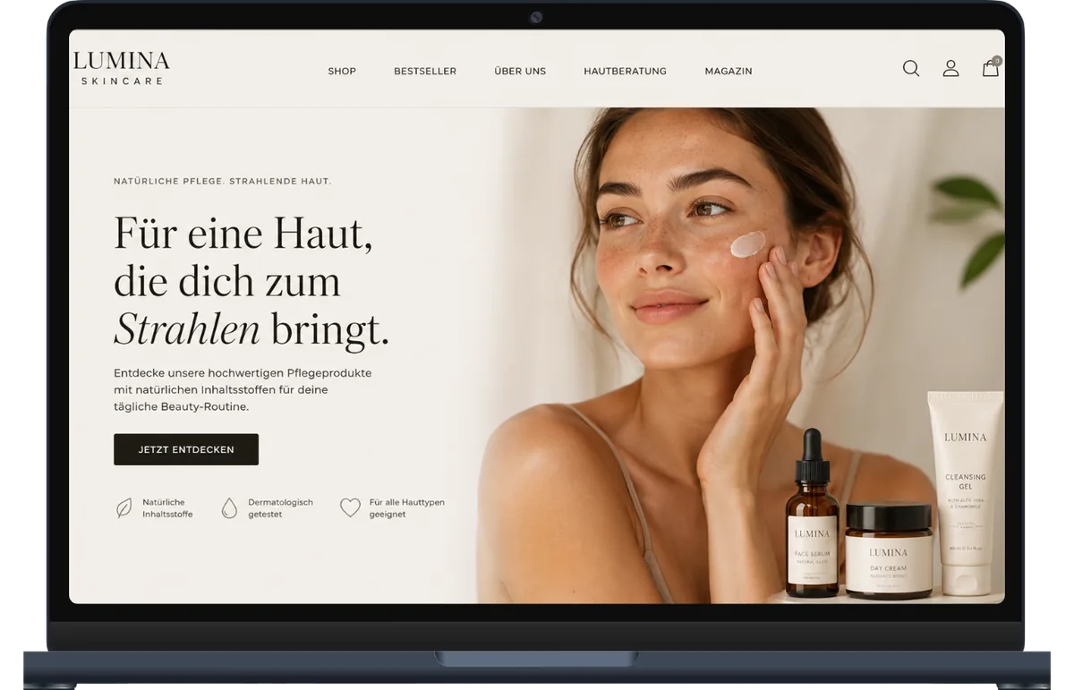 Webdesign-Konzept für die fiktive Hautpflegemarke Lumina auf einem Laptop